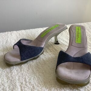 Denim kitten heel slides with clear heel size 6